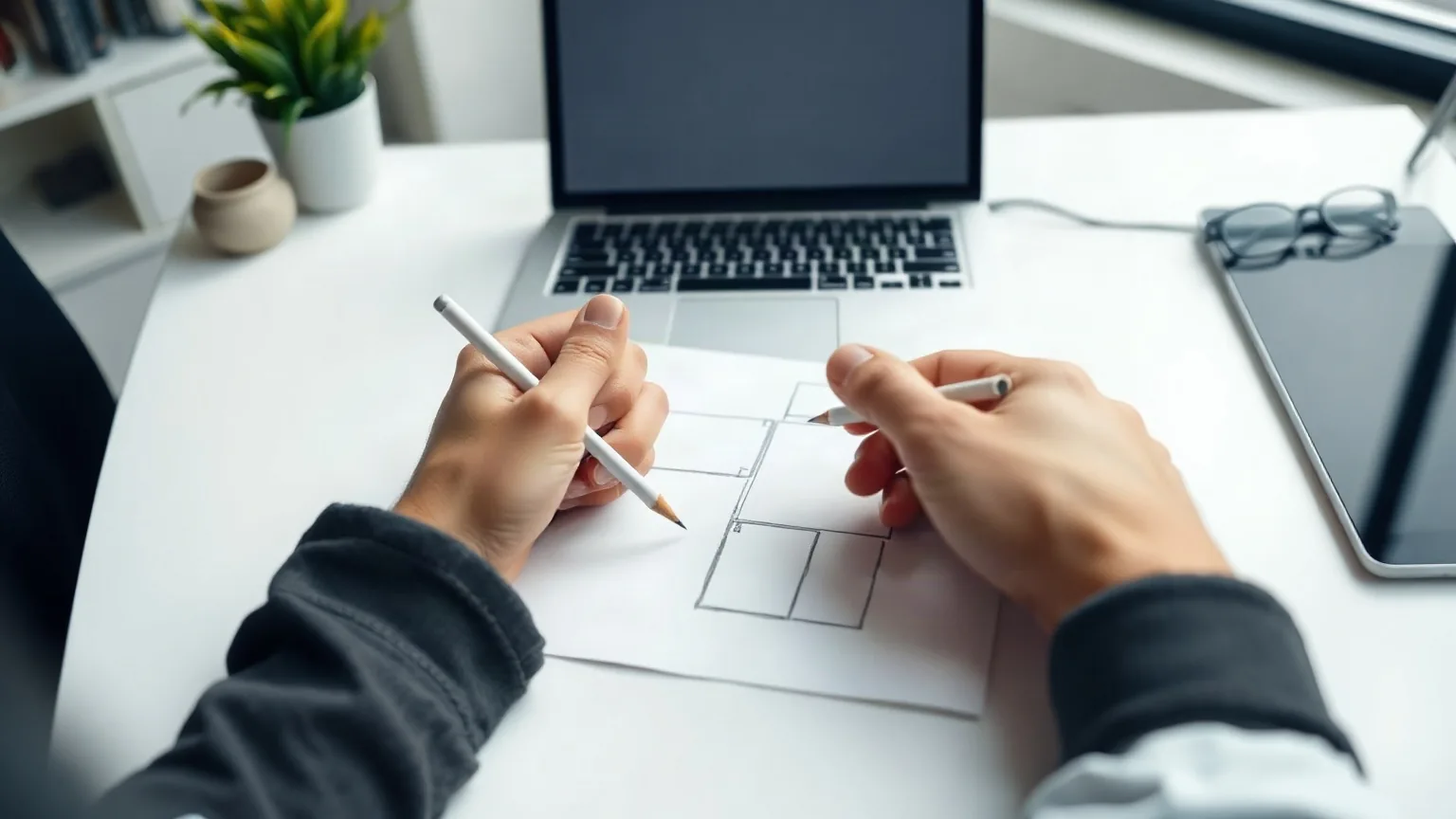 Le mani di un progettista disegnano a matita lo schema di una pagina su un foglio bianco, con un portatile e un tablet accanto
