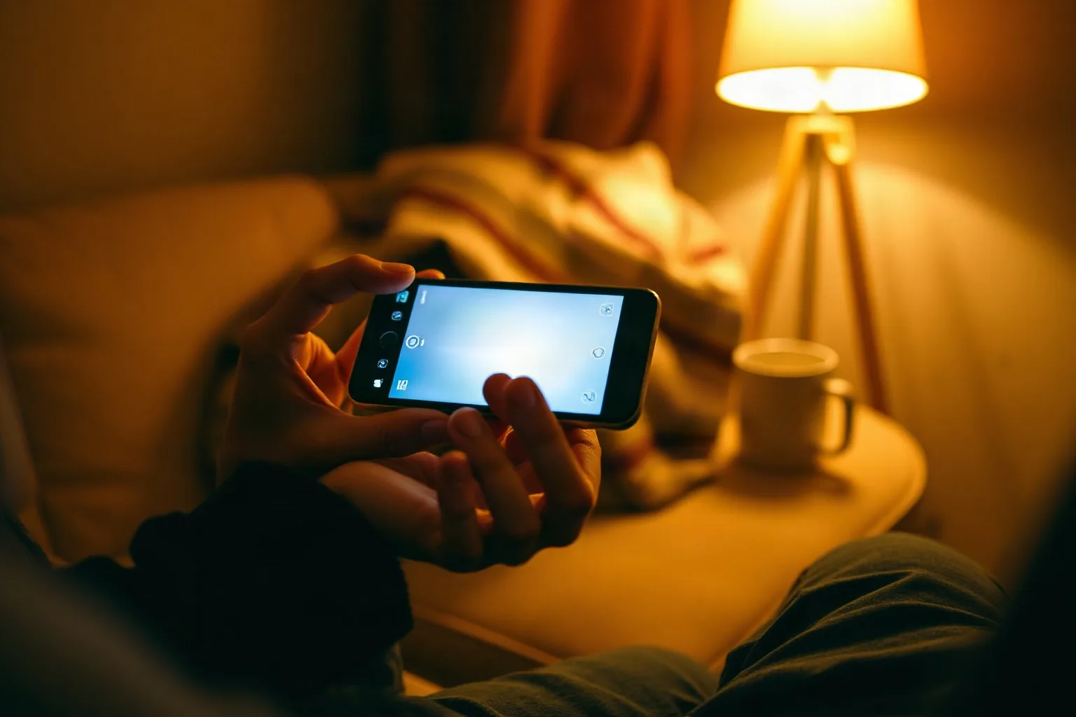 Di sera, sul divano, le mani di una persona scrivono al telefono alla luce di una lampada