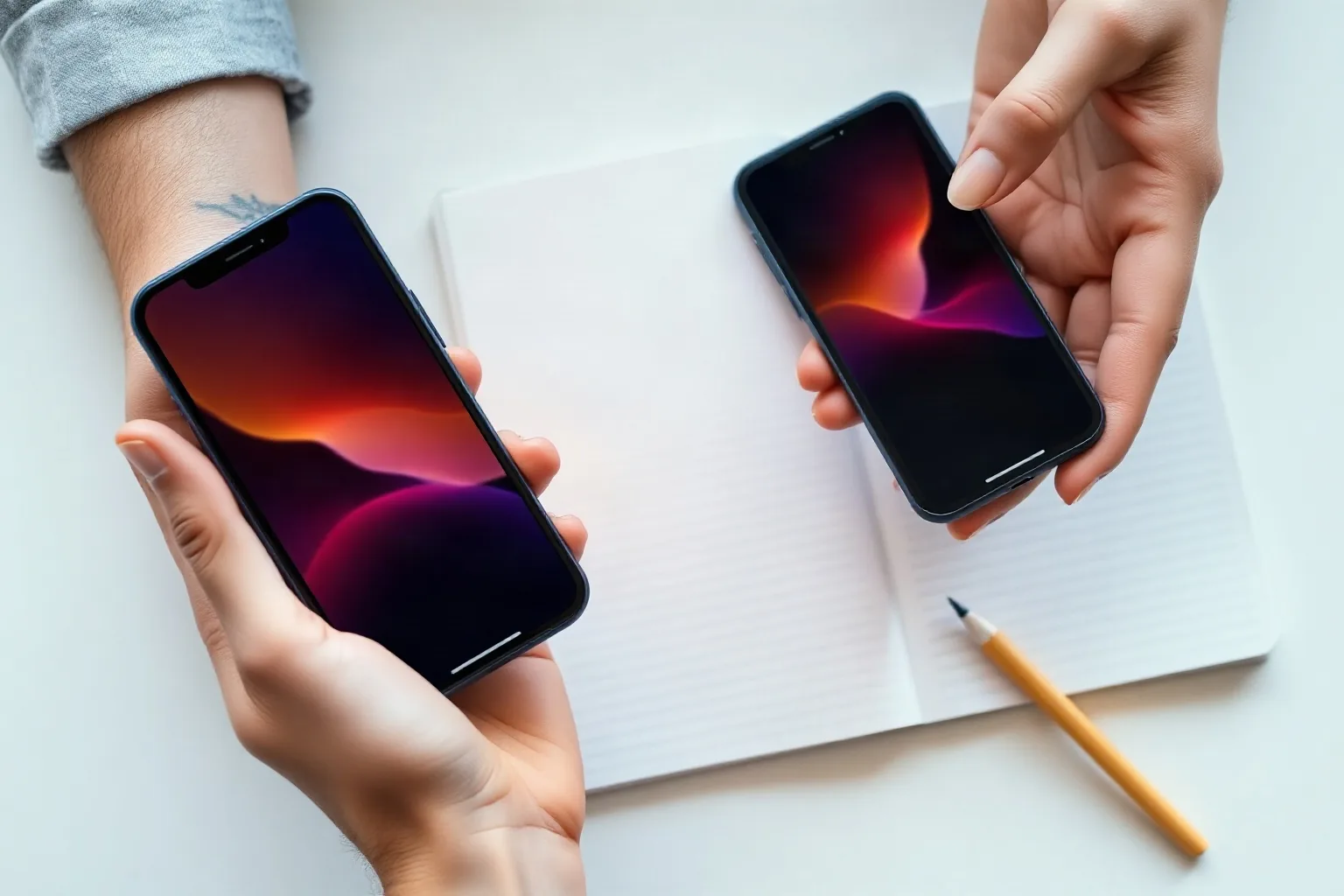 Due mani provano la stessa app su due telefoni affiancati, sopra un quaderno bianco