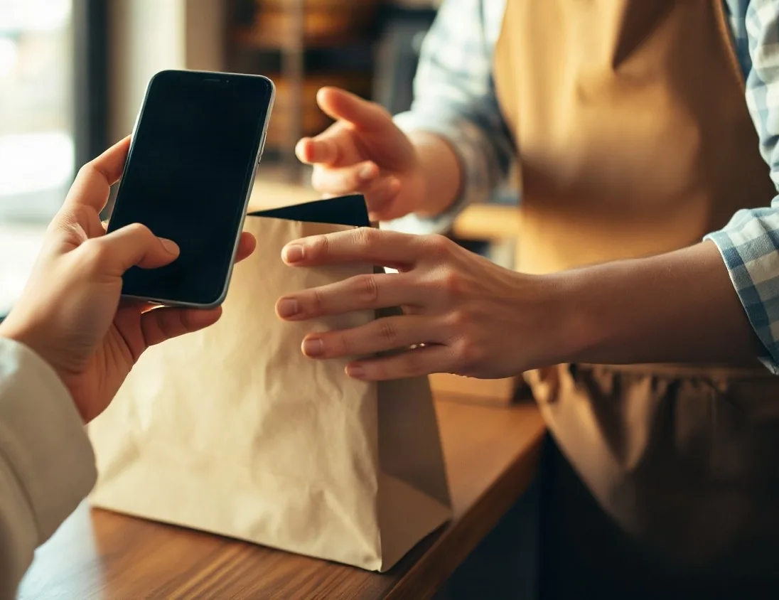 Al banco di un forno, il cliente mostra il telefono e riceve il sacchetto dell'ordine dalle mani del fornaio