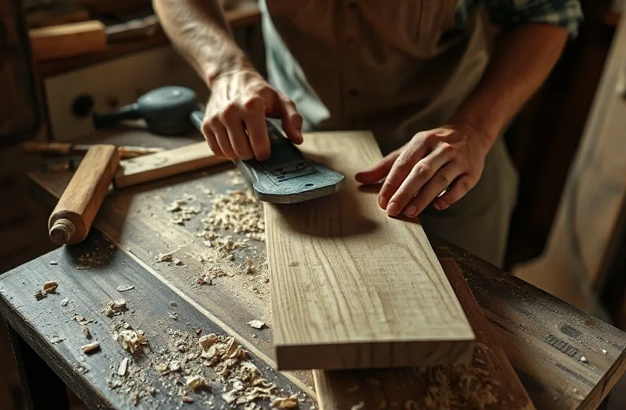 Le mani di un falegname passano la pialla su una tavola di legno, tra i trucioli