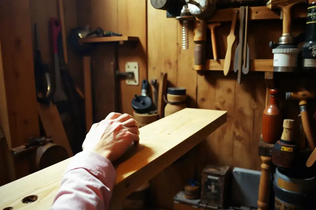 Le mani di un artigiano carteggiano una mensola di legno in una piccola bottega, con la segatura nella luce