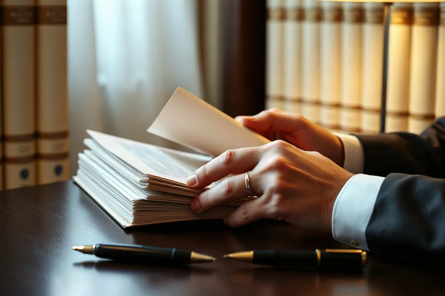 Le mani di un avvocato in giacca scura sfogliano un fascicolo sulla scrivania, con due penne e la libreria sullo sfondo