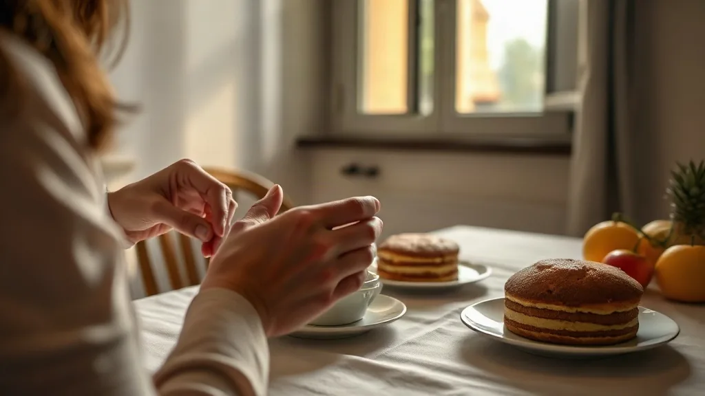 Le mani di una donna apparecchiano la colazione su una tovaglia di lino, con torte fatte in casa e frutta