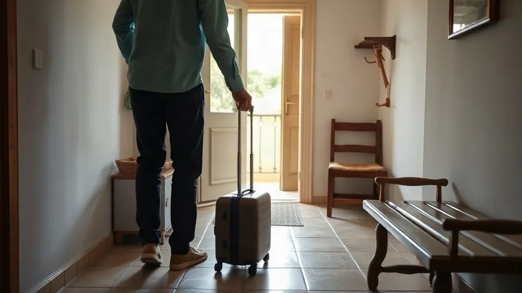 Un ospite arriva nell'ingresso di un bed and breakfast con la valigia, di spalle, con la porta aperta sulla luce