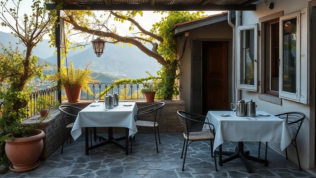 Una terrazza per la colazione con due tavoli apparecchiati e le colline sullo sfondo, di prima mattina