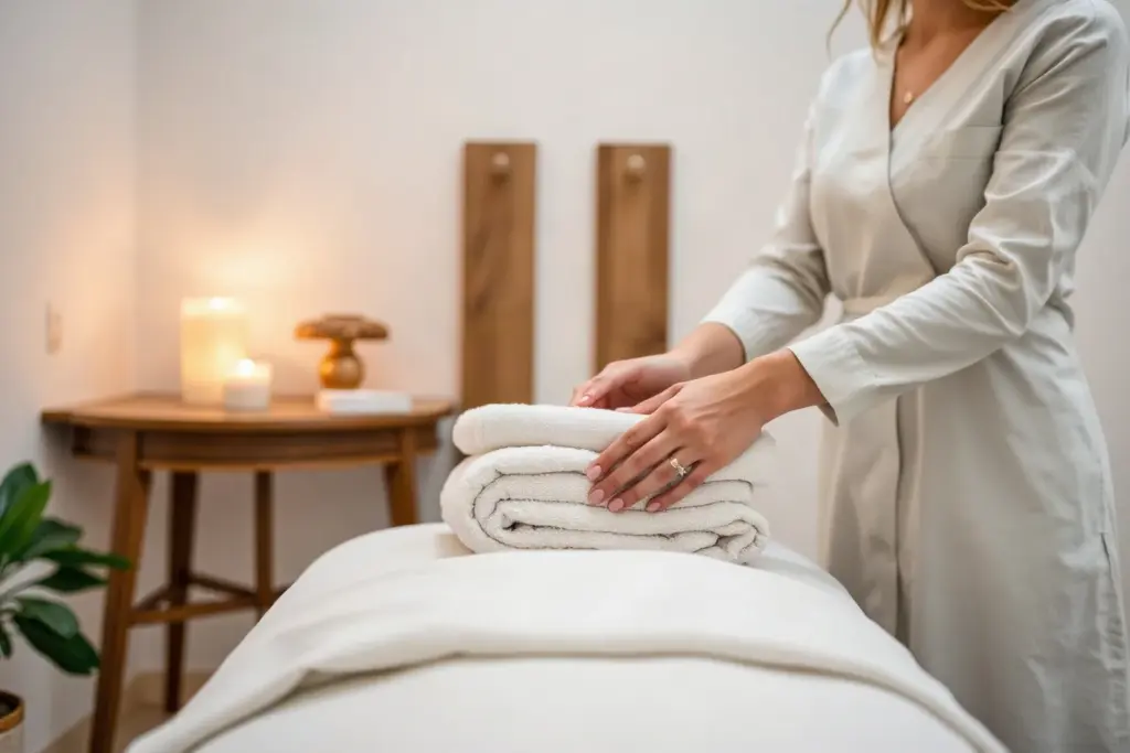 Le mani di un'estetista preparano la cabina con gli asciugamani piegati e le candele