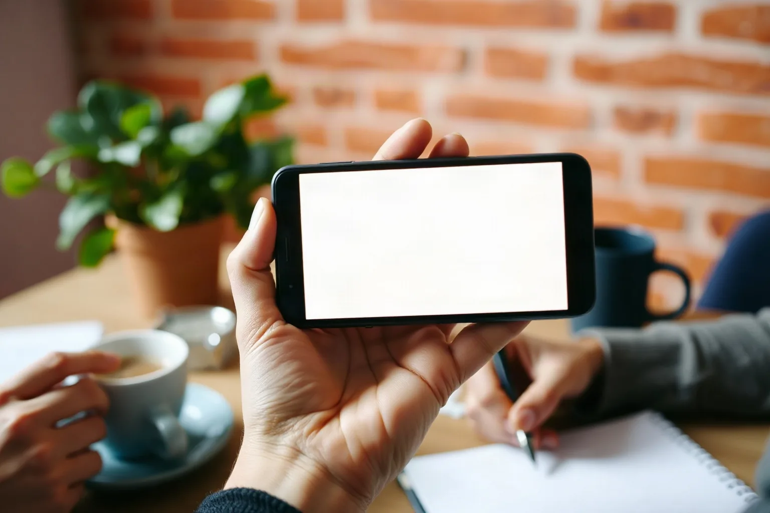 Una mano regge un telefono con una pagina web sfocata mentre l'altra scrive su un taccuino, su una scrivania con una pianta
