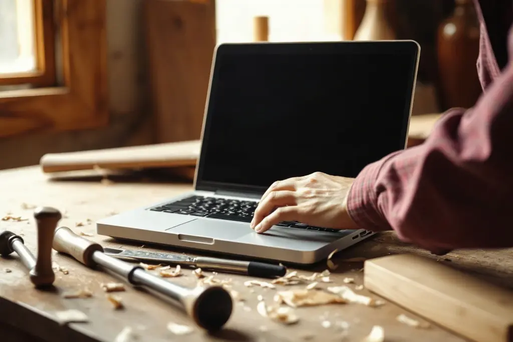 Le mani di un artigiano scrivono al portatile appoggiato sul banco da lavoro, tra scalpelli e trucioli