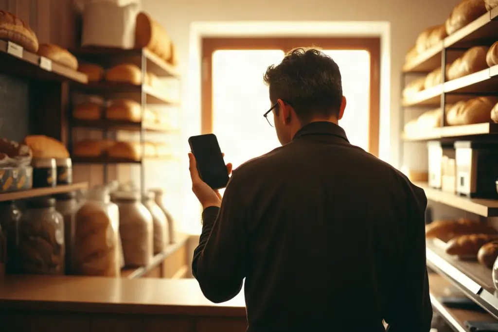 Il titolare di una panetteria, di spalle al bancone, guarda il telefono tra gli scaffali del pane