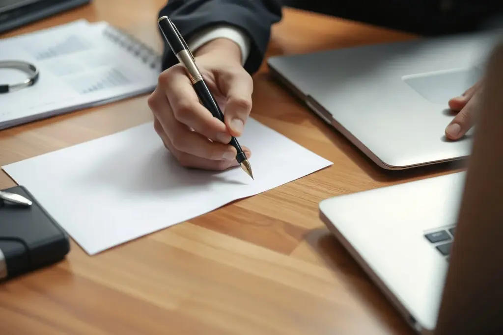 La mano di un professionista firma un foglio con la penna stilografica su una scrivania di legno, accanto al portatile chiuso