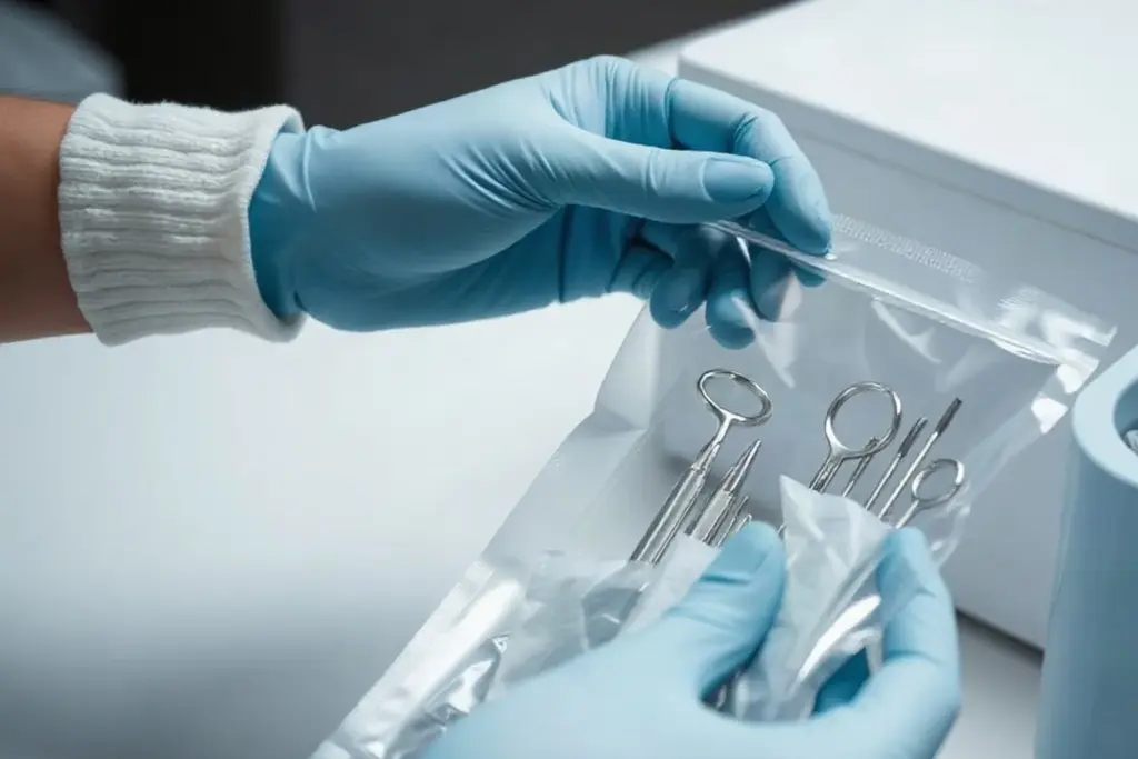 Mani con i guanti chiudono gli strumenti in una busta per la sterilizzazione