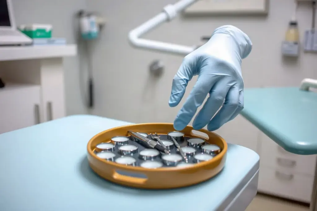 Le mani guantate di un dentista sistemano gli strumenti sul vassoio in uno studio moderno e luminoso
