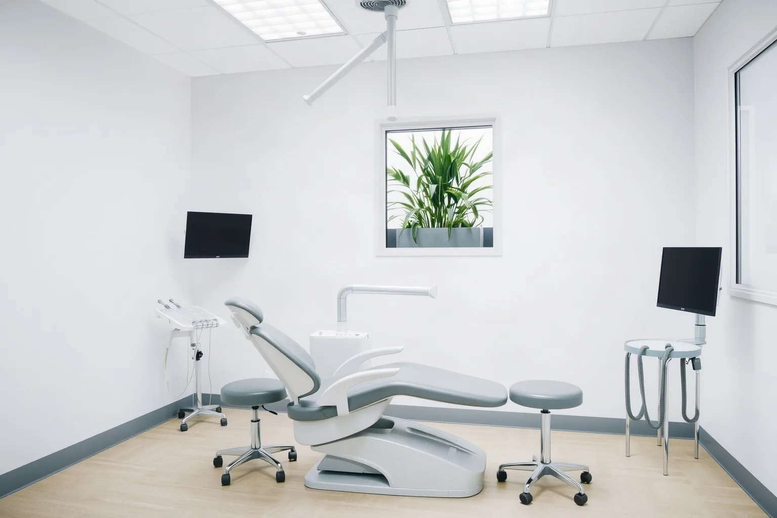 La sala di uno studio dentistico vuota, con la poltrona, la lampada e le piante alla finestra