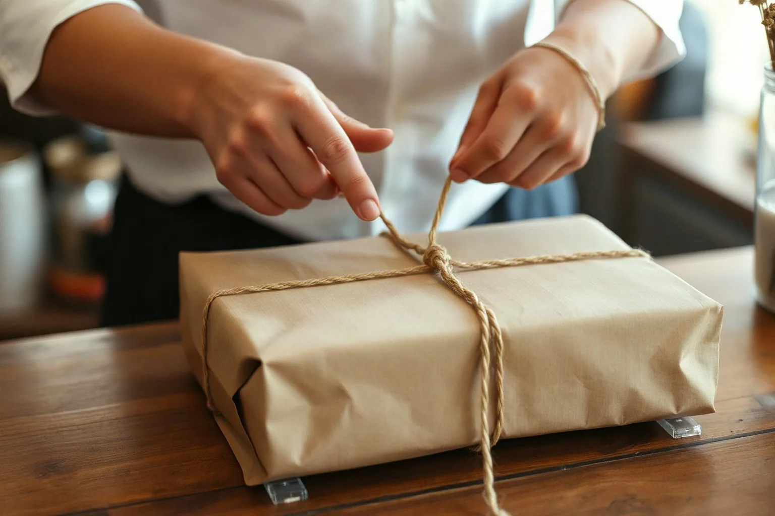 Due mani stringono lo spago attorno a un pacco di carta da imballo sul banco di legno di una bottega