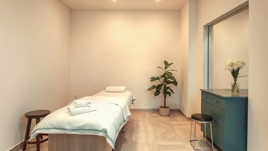 La cabina di un centro estetico con il lettino pronto, gli asciugamani puliti e una pianta