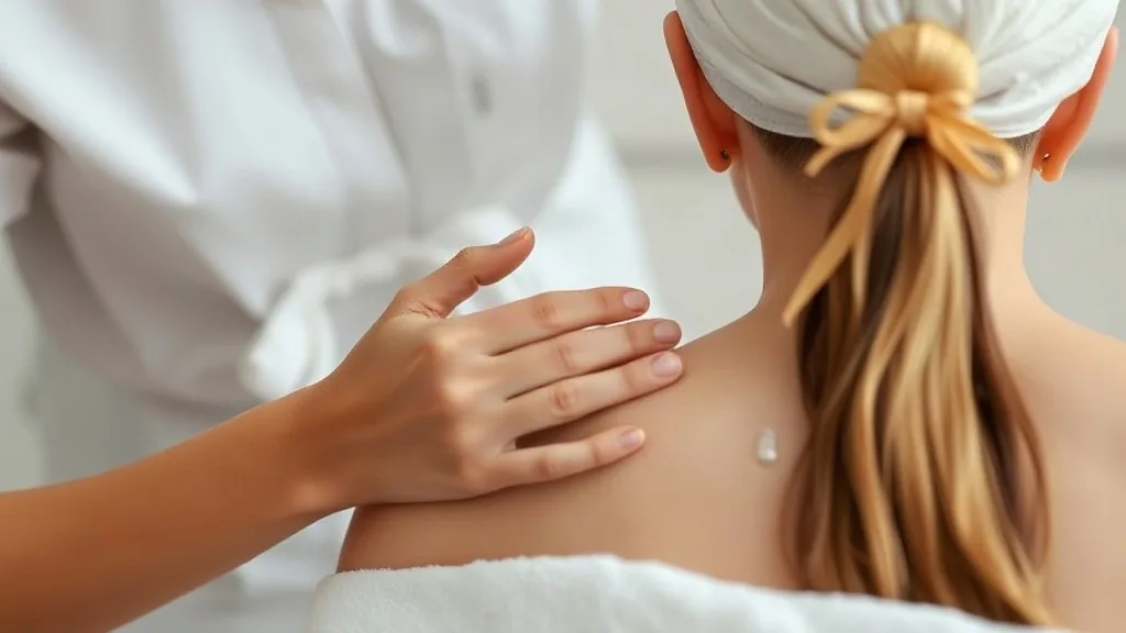 Le mani di un’estetista applicano la crema sulla spalla di una cliente, di spalle