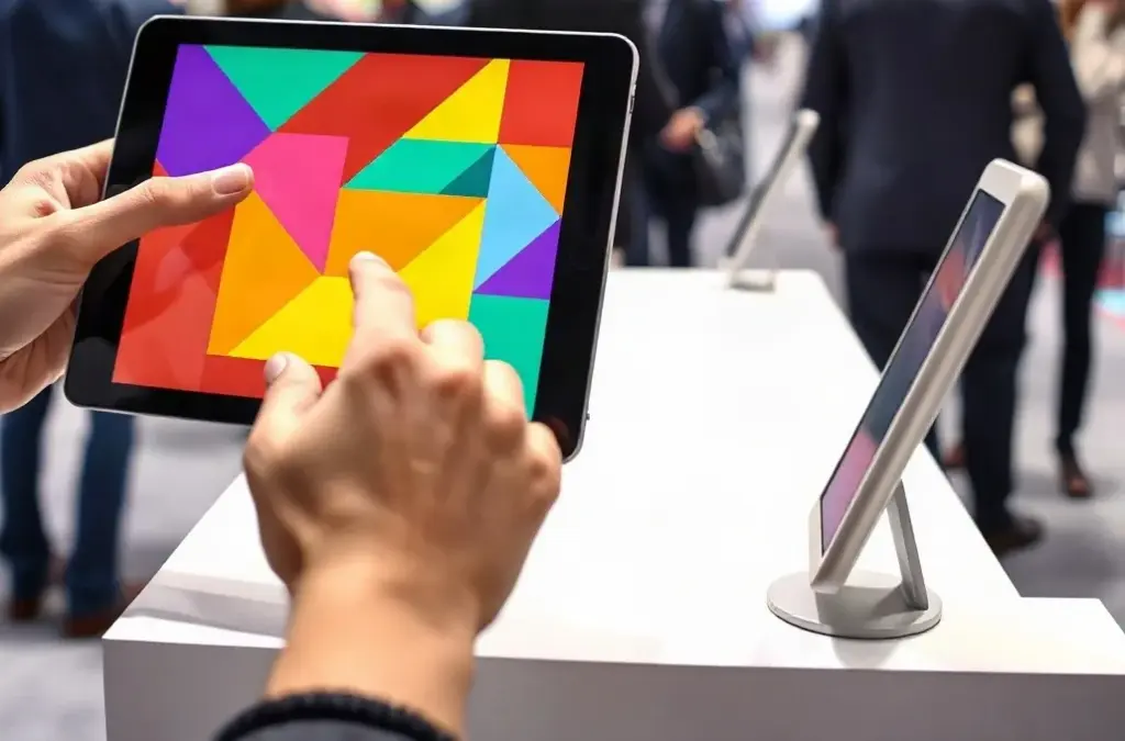 Allo stand di una fiera, due mani giocano a un rompicapo colorato su un tablet