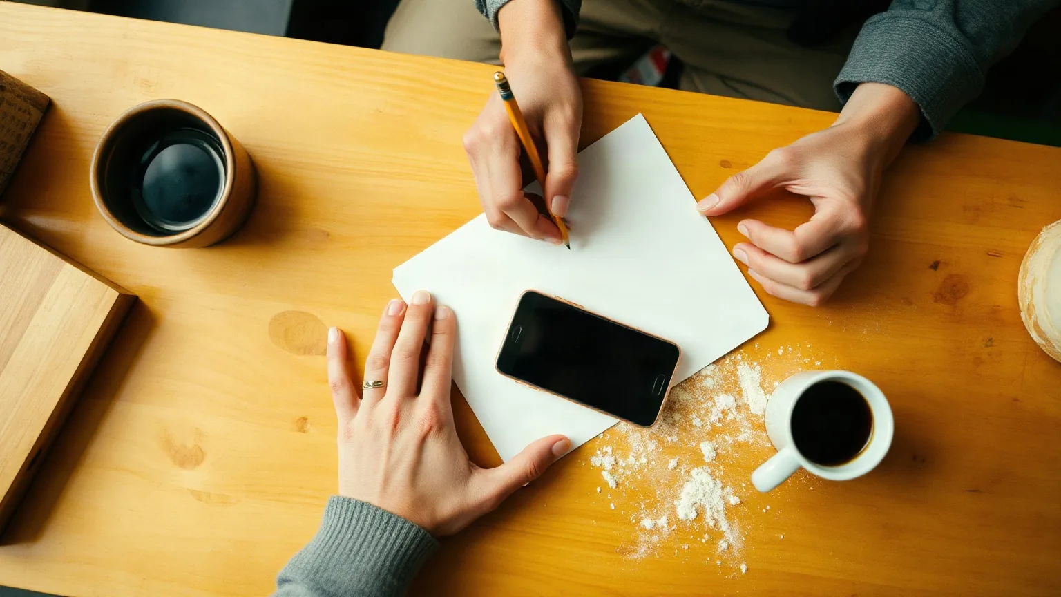 Visto dall'alto, un bancone di legno: le mani scrivono un ordine su un blocco, con un telefono e una tazzina di caffè accanto