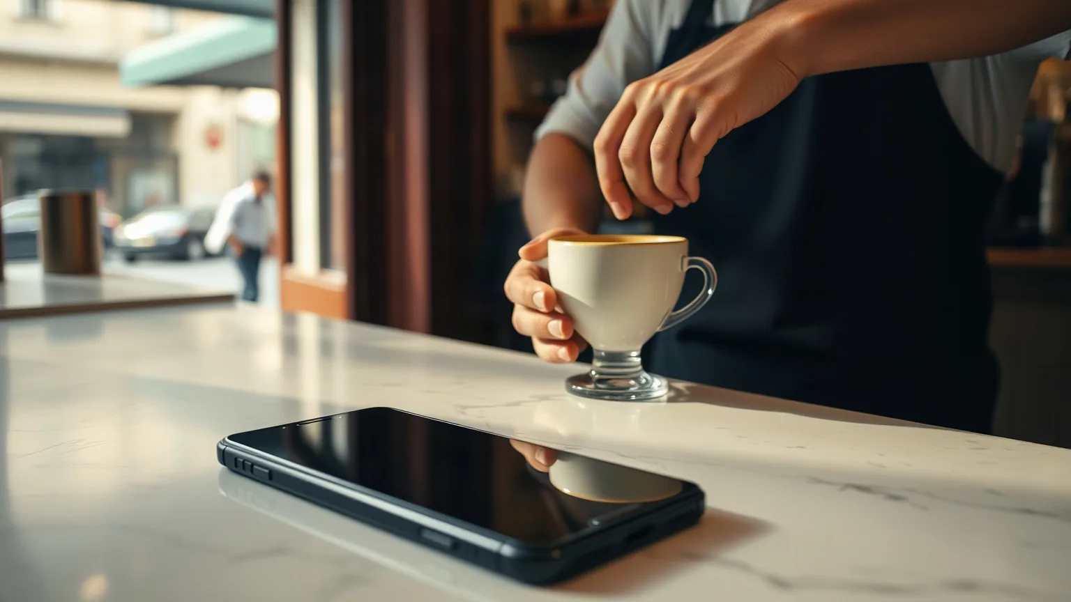 Le mani di un barista posano una tazza sul bancone di marmo; accanto un telefono con lo schermo spento e, fuori dalla porta, la strada