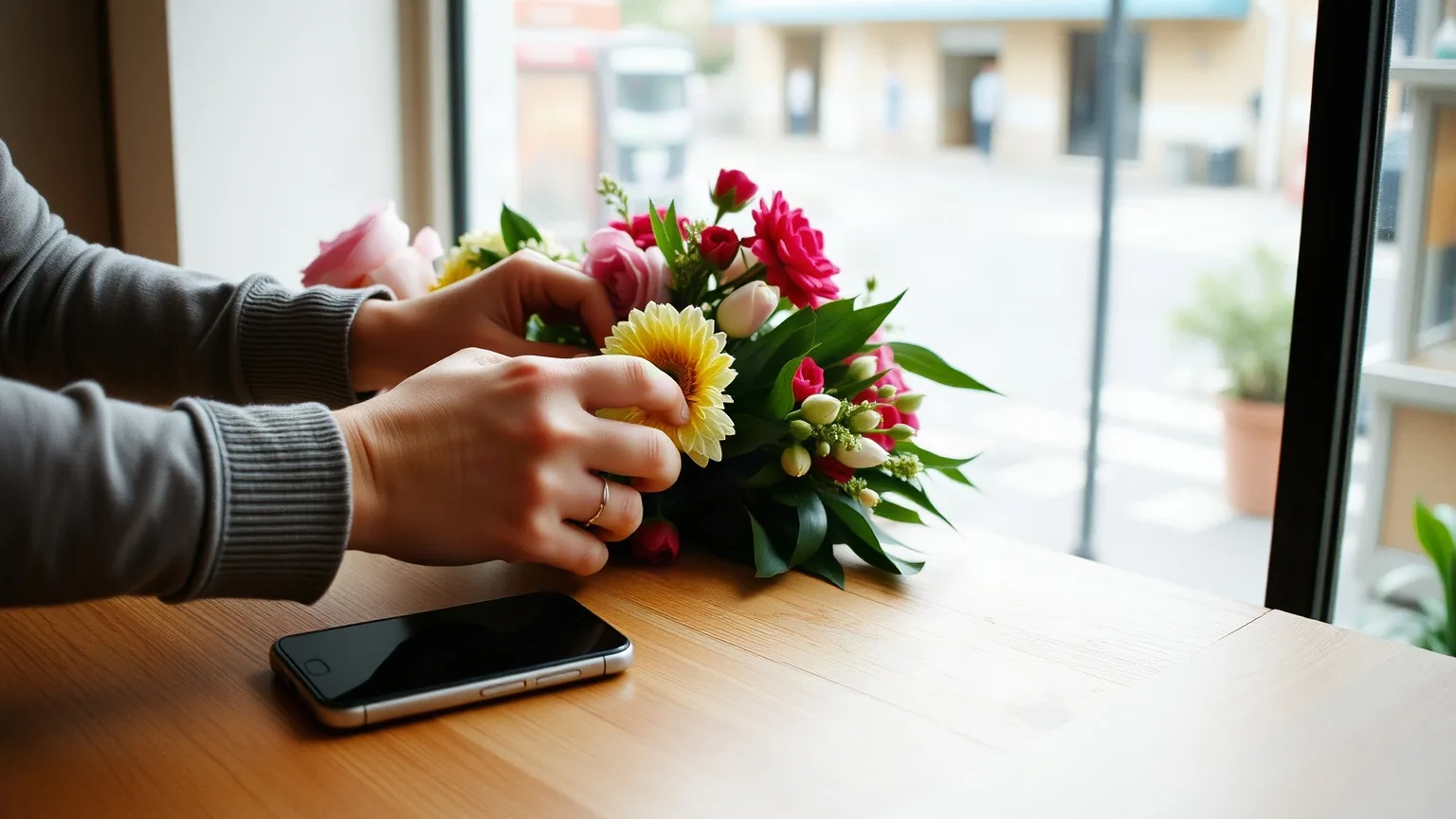 Le mani di una fiorista sistemano un mazzo di fiori sul bancone, con un telefono appoggiato accanto e la vetrina sulla strada
