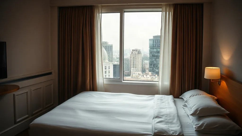Una camera d'albergo in ordine, con il letto rifatto e la finestra sulla citta'