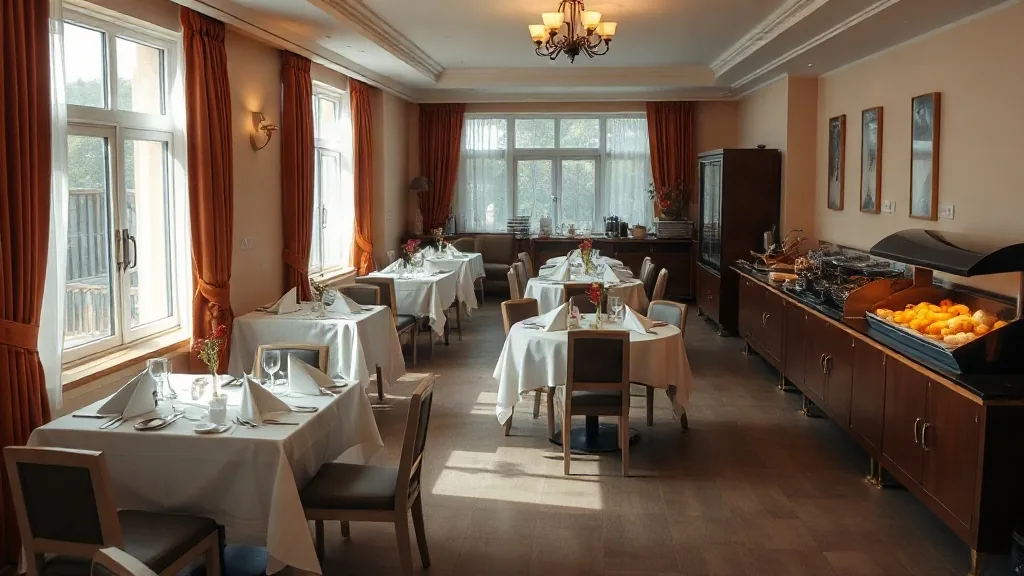 La sala colazioni di un piccolo albergo, con i tavoli apparecchiati di prima mattina