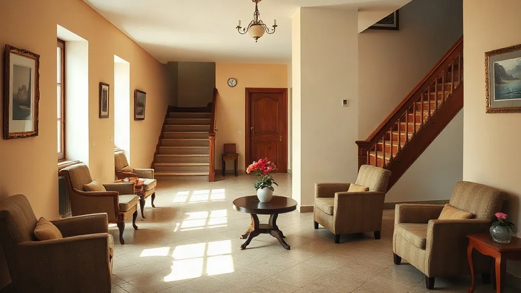 L'ingresso di un piccolo albergo con poltrone, tavolino e la scala in legno