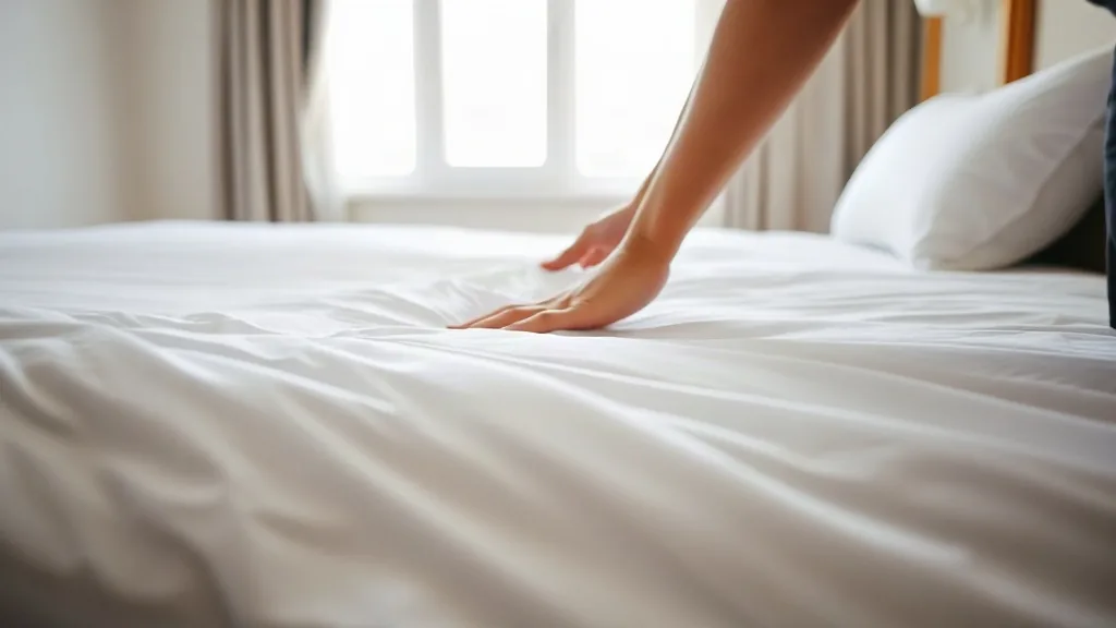 Le mani di chi rifa' la camera lisciano il lenzuolo bianco di un letto d'albergo