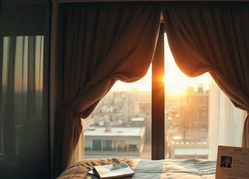 Due mani aprono le tende di una camera d'albergo all'alba, sui tetti della citta'