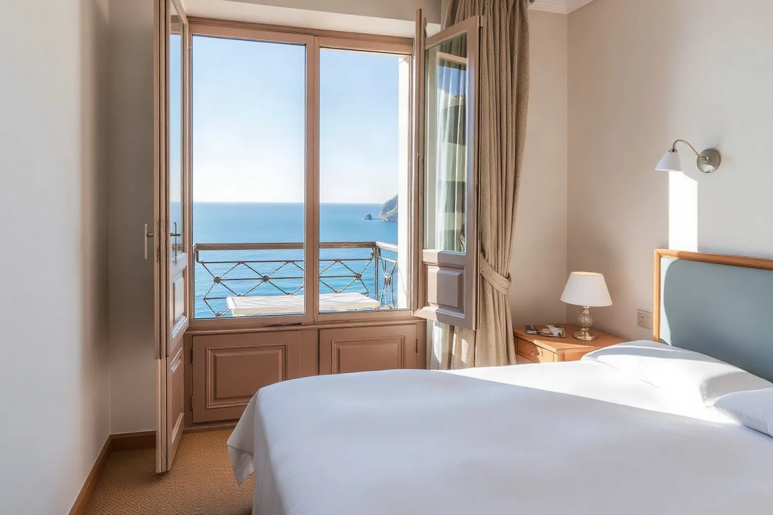 Una camera d'albergo luminosa con il letto rifatto e la porta del balcone aperta sul mare