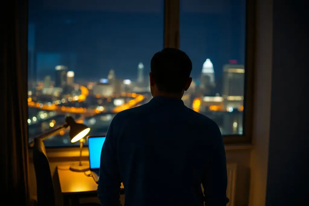 Di sera, un uomo di spalle controlla il portatile in un piccolo ufficio, con la città illuminata oltre la finestra