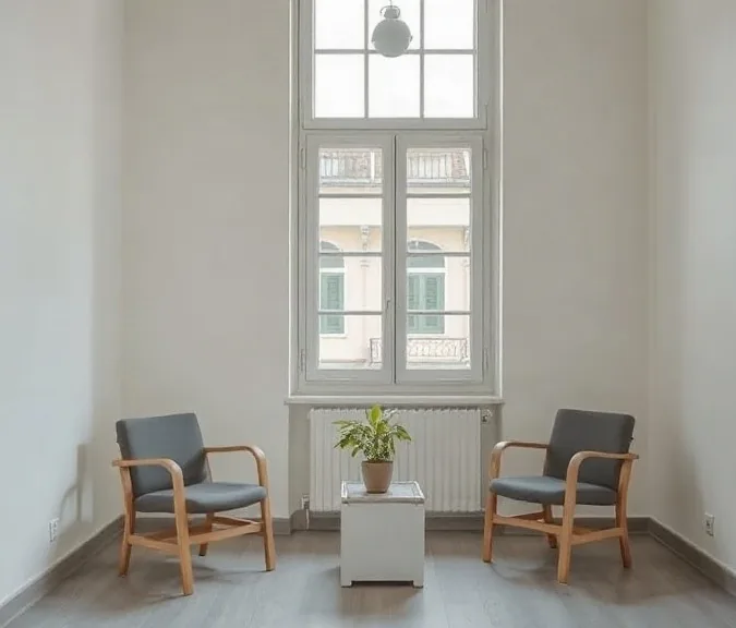 Una sala d'attesa vuota con due poltrone e una finestra alta che dà su un palazzo
