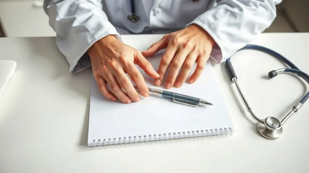 Le mani di un medico su un blocco bianco vuoto, accanto a una penna e allo stetoscopio