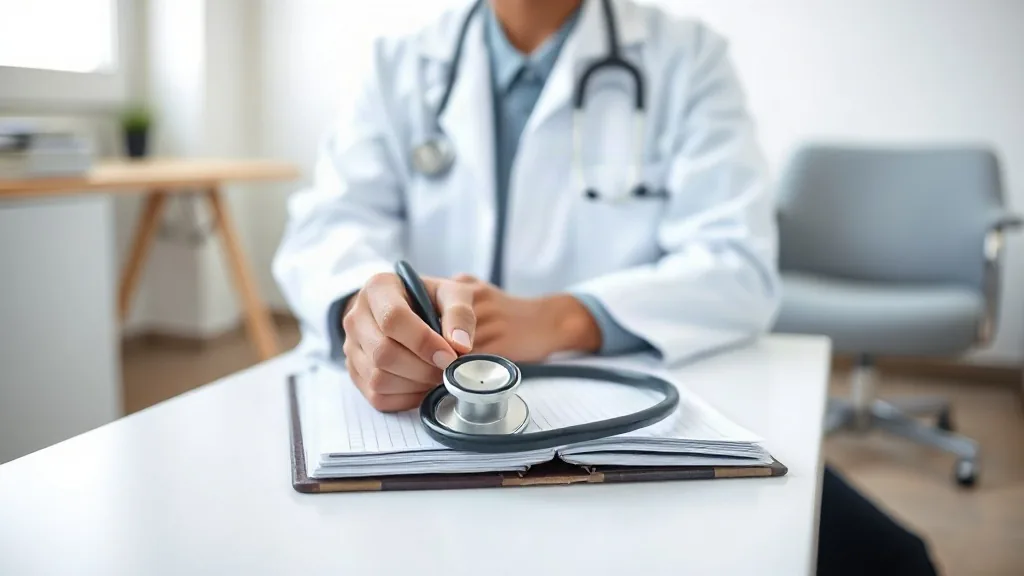 Le mani di un medico in camice appoggiano lo stetoscopio su un quaderno, nello studio