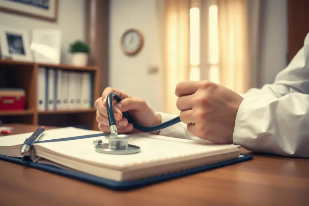 Le mani di un medico con lo stetoscopio su una scrivania di legno, con un taccuino e una penna
