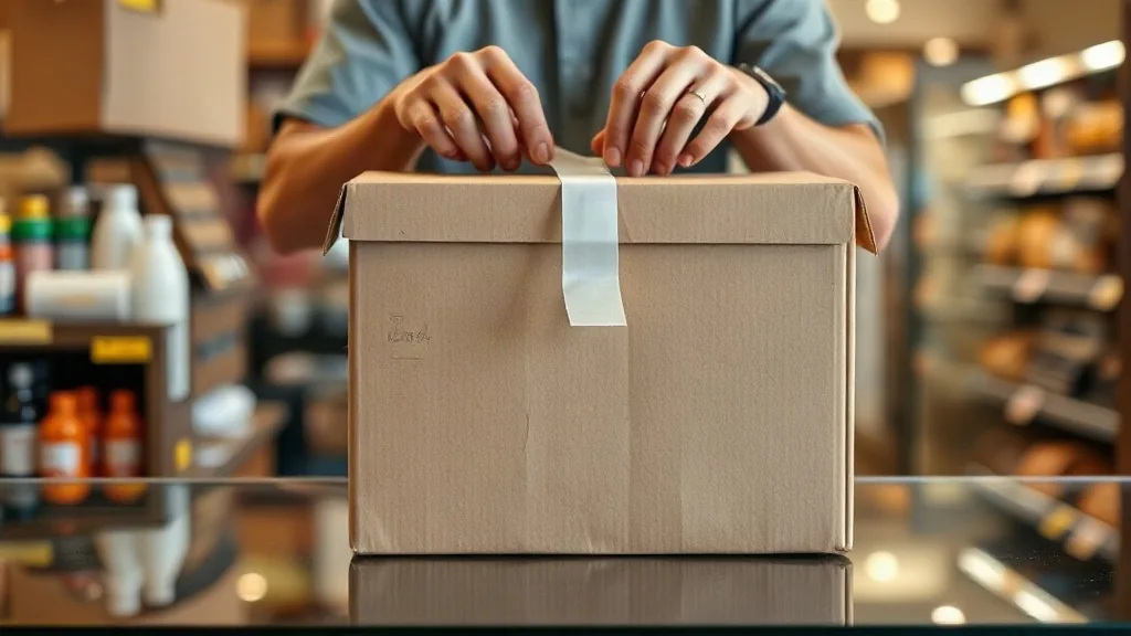 Le mani di un negoziante chiudono una scatola di cartone con il nastro di carta