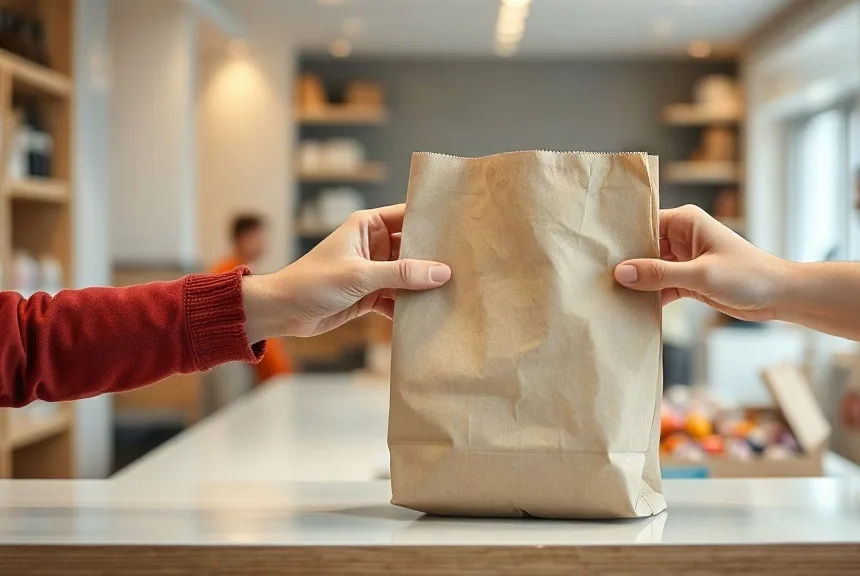 Due mani si passano un sacchetto di carta sopra il bancone di un negozio