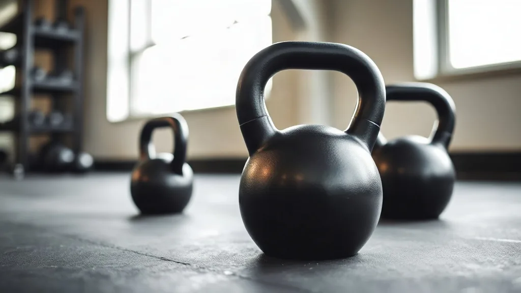 Tre kettlebell neri appoggiati sul pavimento di una palestra, con la luce dalla finestra