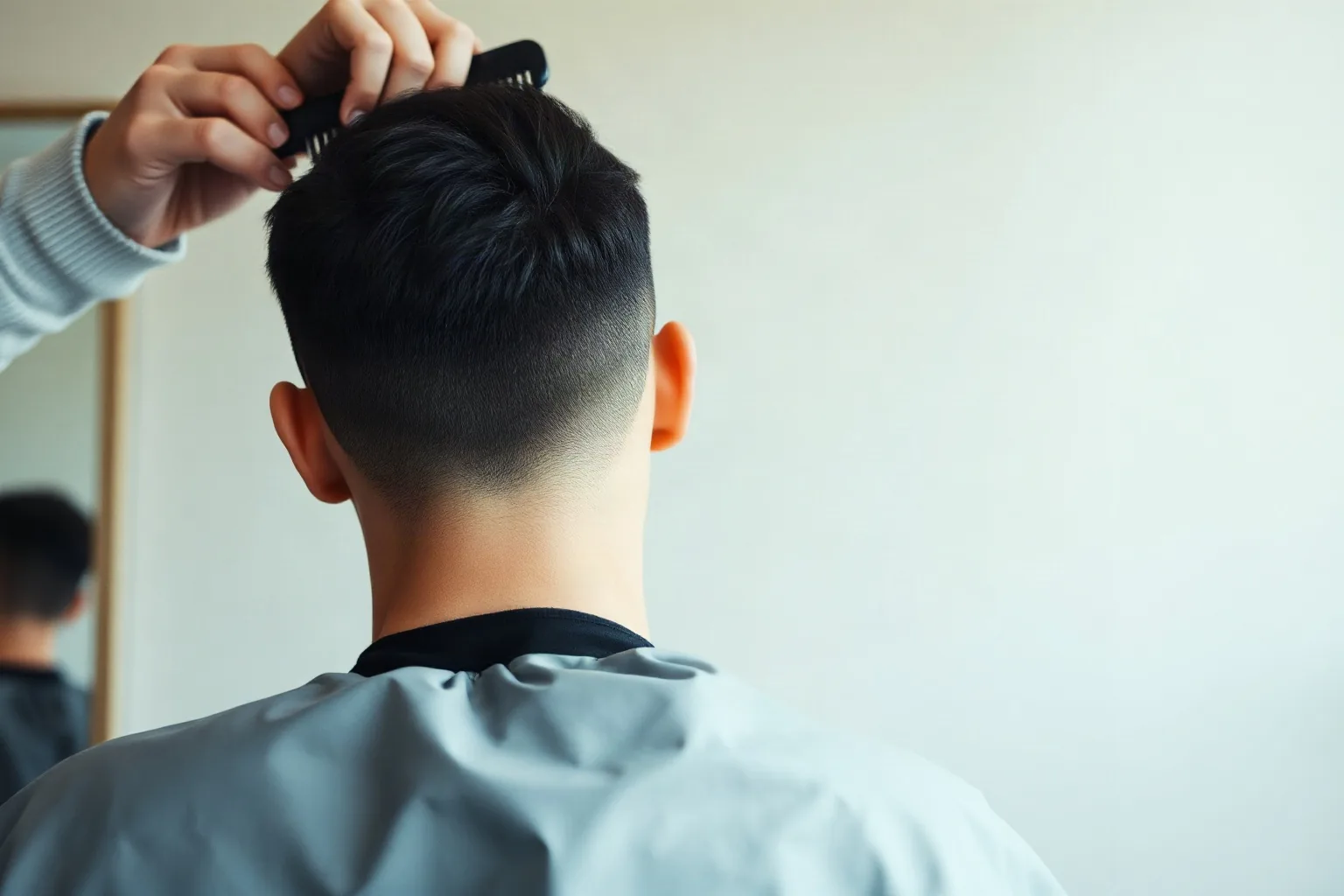 Le mani di un barbiere pettinano i capelli corti di un cliente seduto con la mantella grigia, visto da dietro