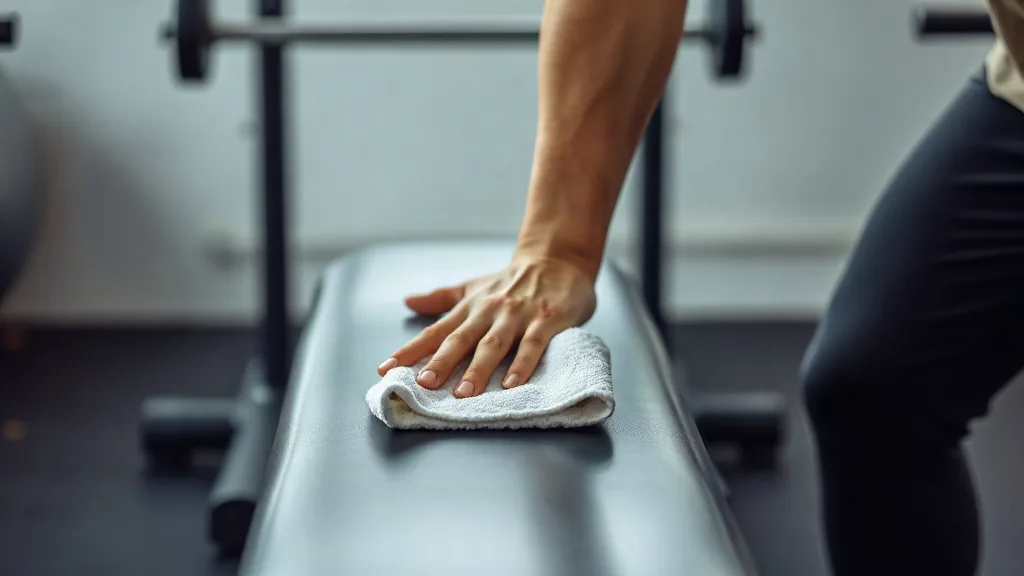 Una mano passa il panno sulla panca della palestra dopo l’allenamento