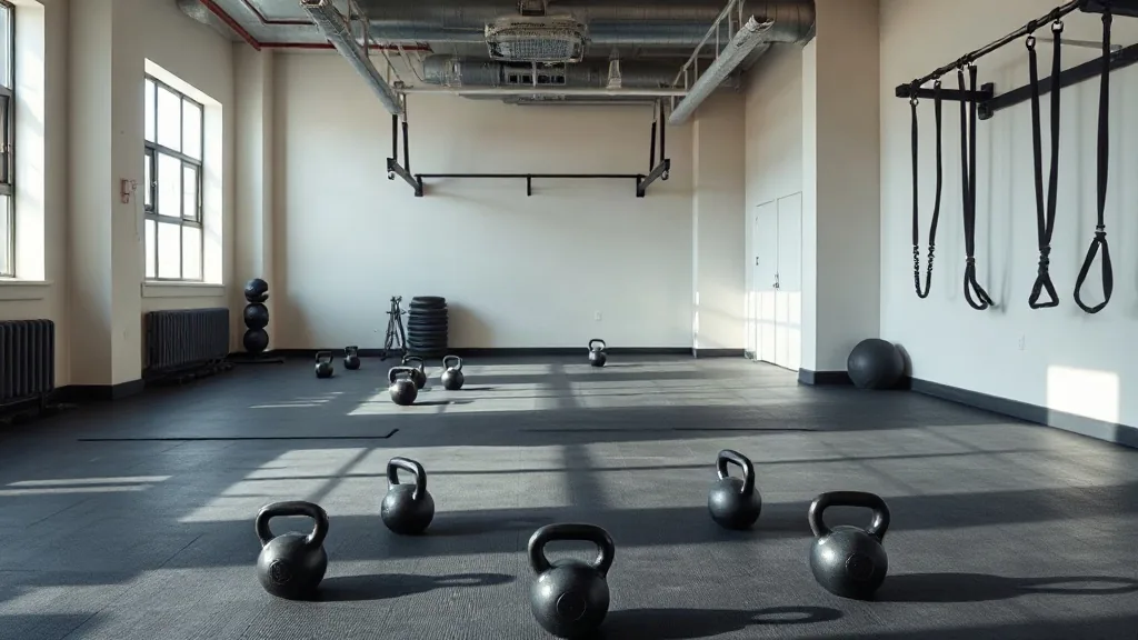 La sala di una piccola palestra con i kettlebell sul tappeto e la luce dalle finestre alte