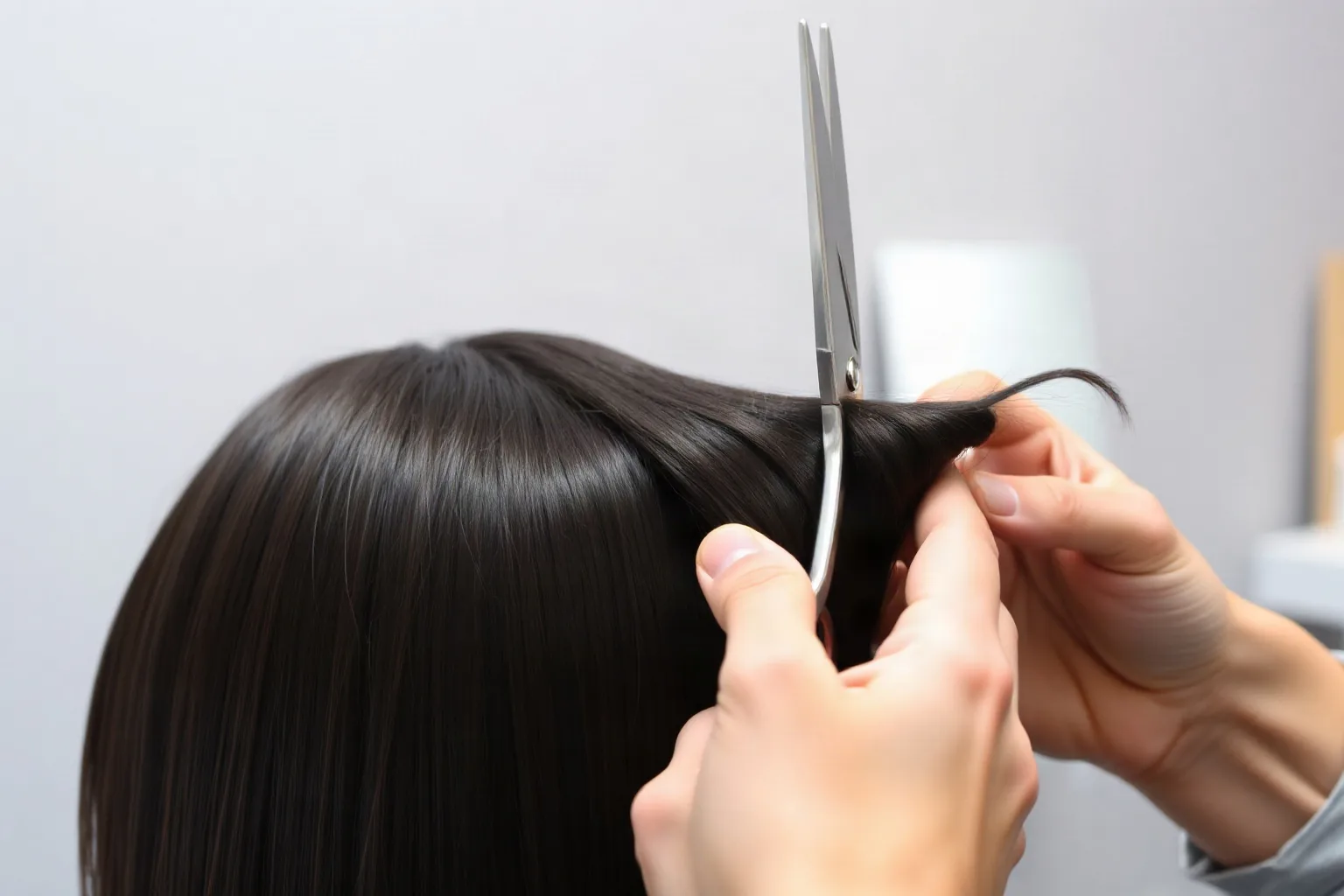 Le mani di una parrucchiera tengono una ciocca di capelli scuri tra le dita e ne tagliano le punte con le forbici