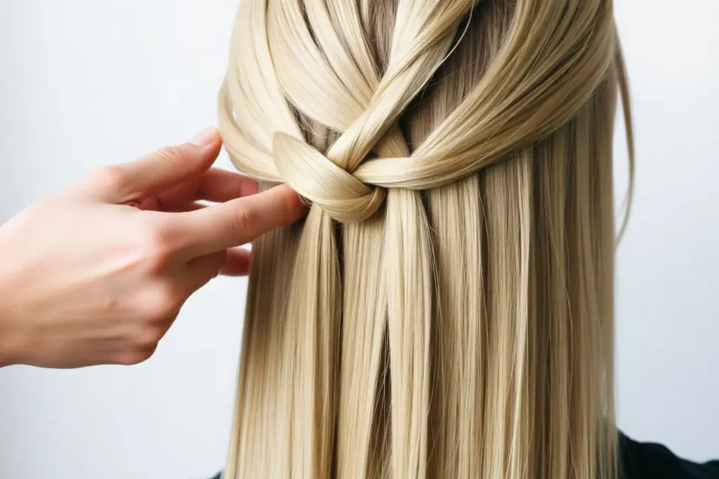 Una mano intreccia i lunghi capelli biondi di una cliente, vista da dietro, davanti a una parete chiara