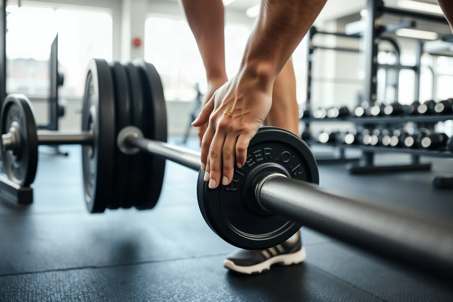 Le mani di un trainer caricano i dischi su un bilanciere in una palestra luminosa al mattino