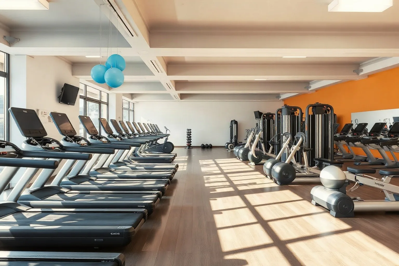 La sala attrezzi di una palestra vuota all'apertura, con la luce del mattino sul pavimento