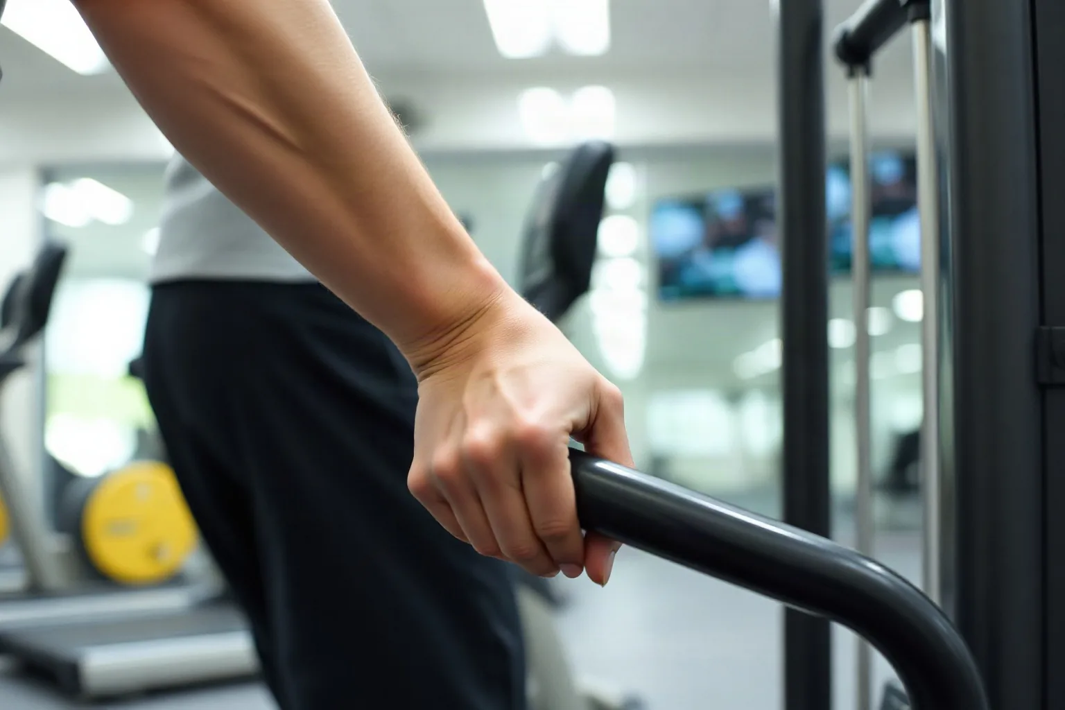 La mano di un allenatore stringe la maniglia di un attrezzo in una palestra luminosa