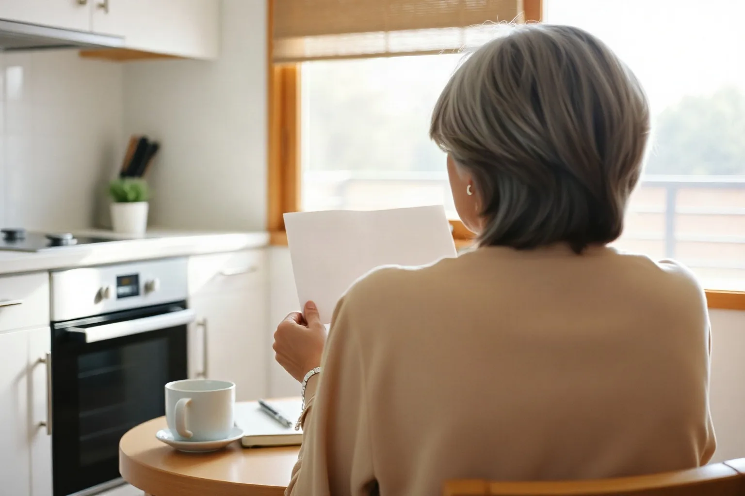 Una donna, di spalle, legge un foglio al tavolo della cucina, con una tazza di caffè e un taccuino accanto