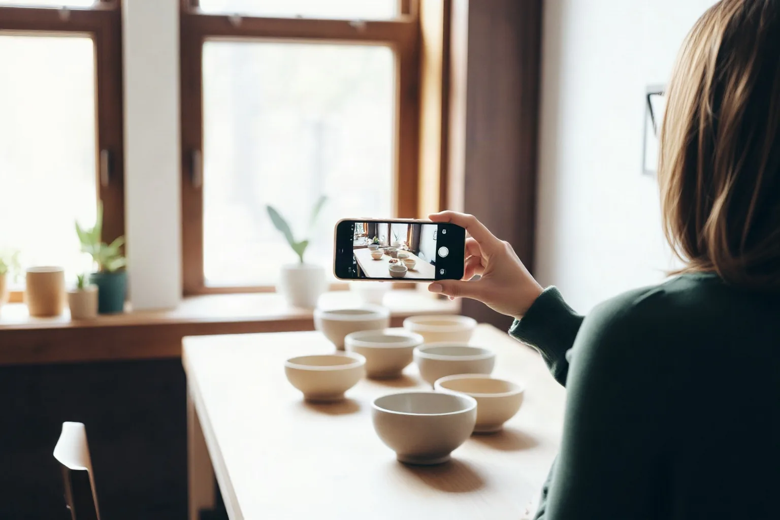 Una donna di spalle fotografa con il telefono le ciotole di ceramica disposte su un tavolo vicino alla finestra
