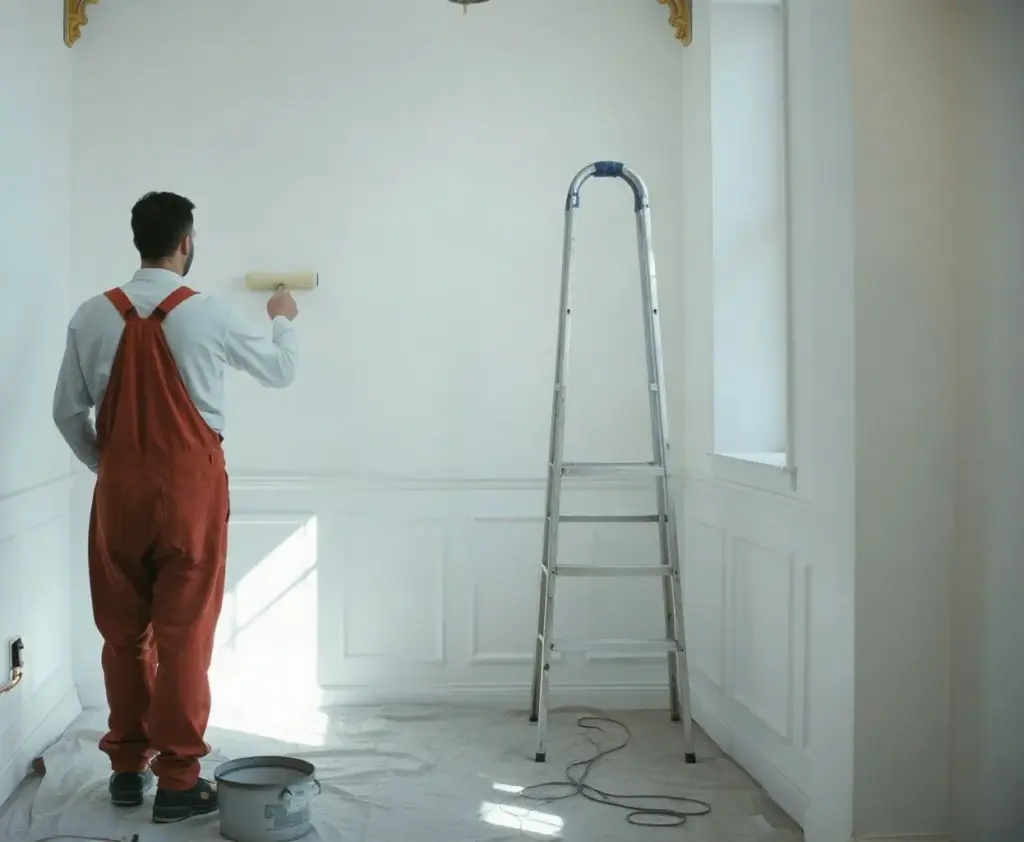 Un uomo in salopette, di spalle, ridipinge di bianco la parete di un negozio vuoto, con la scala accanto